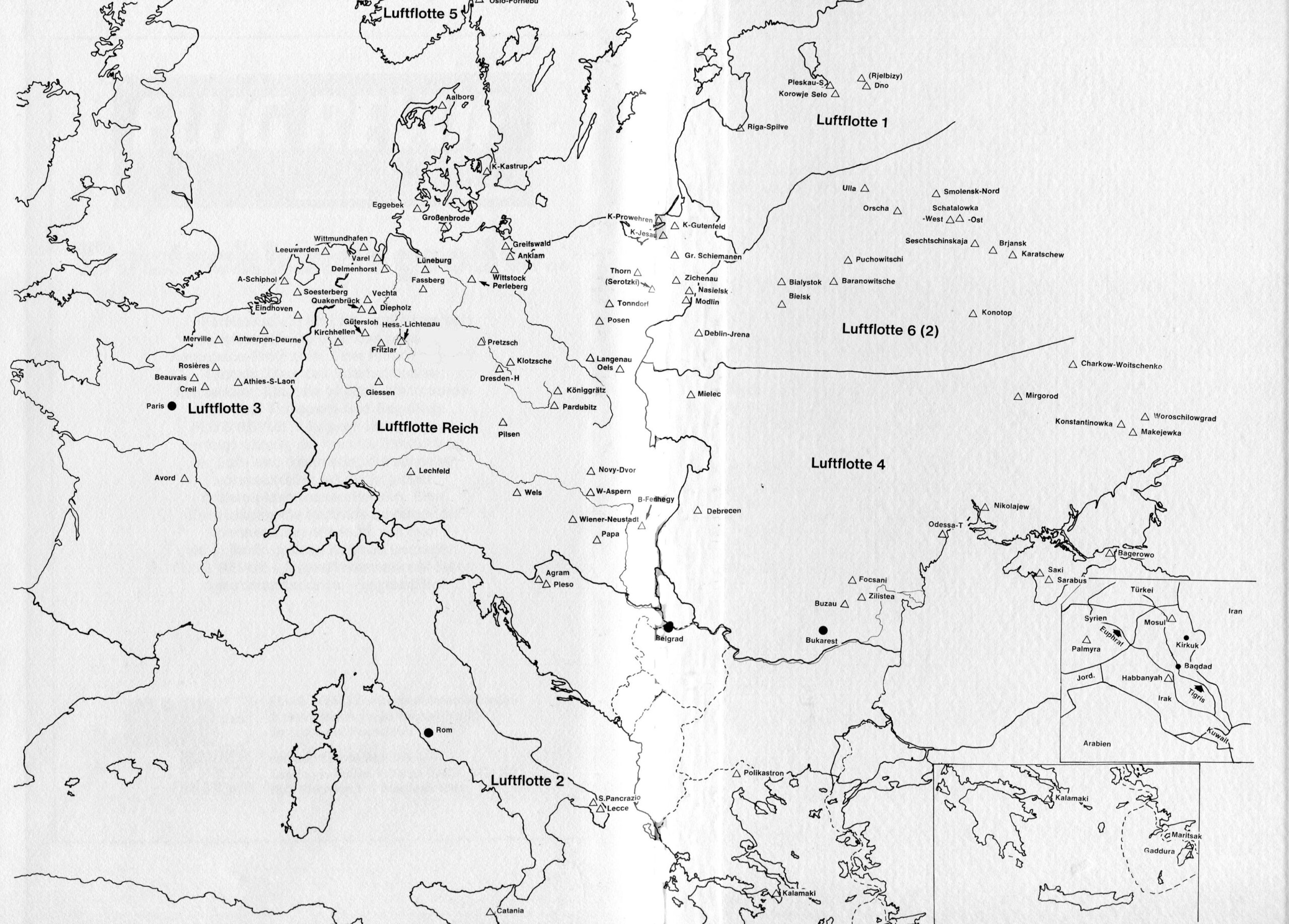 Mappa mostrante la disposizione delle Luftflotten della Luftwaffe