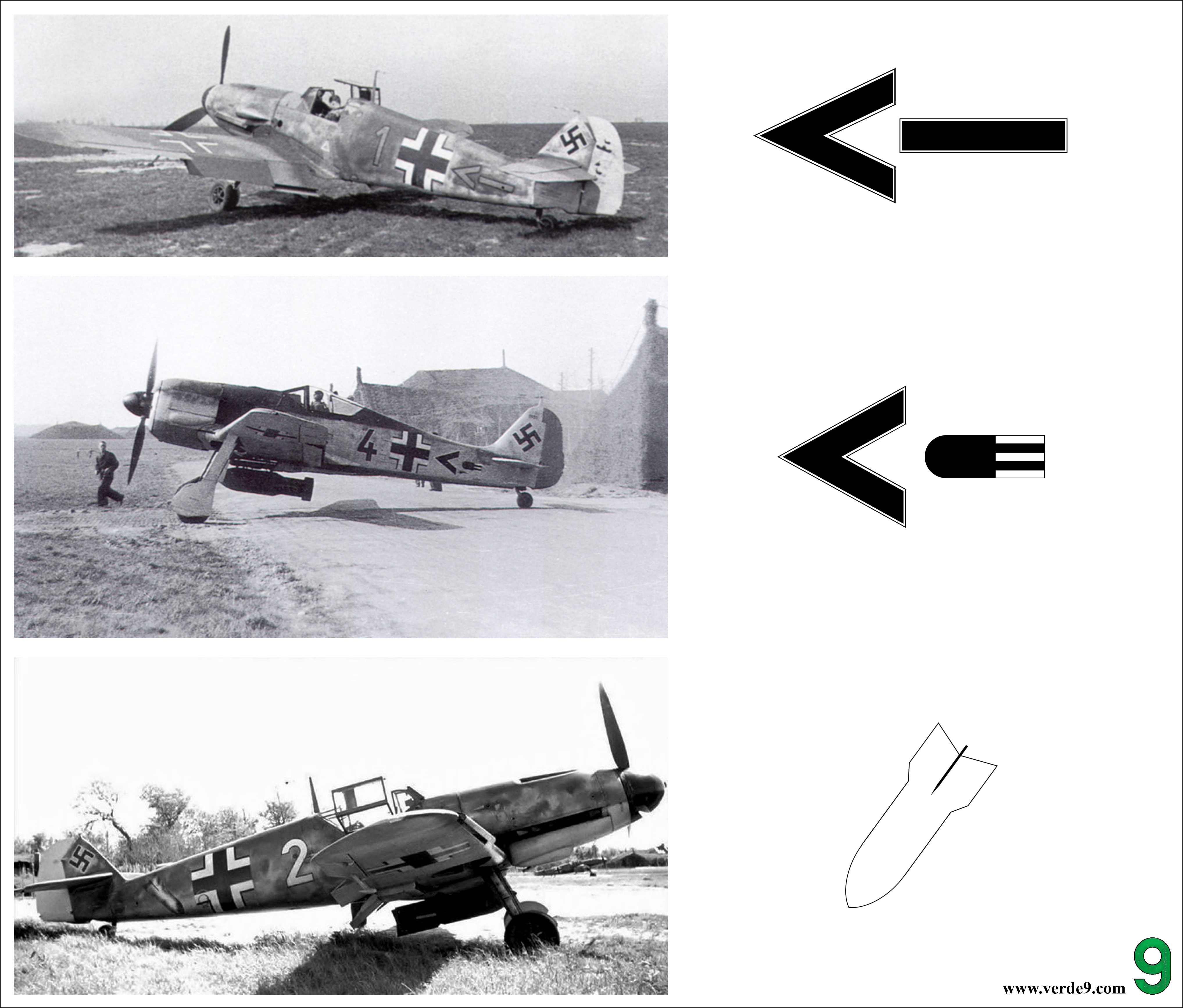 Tre versioni del simbolo indicante il ruolo da cacciabombardiere, o Jabo. Aerei della Luftwaffe