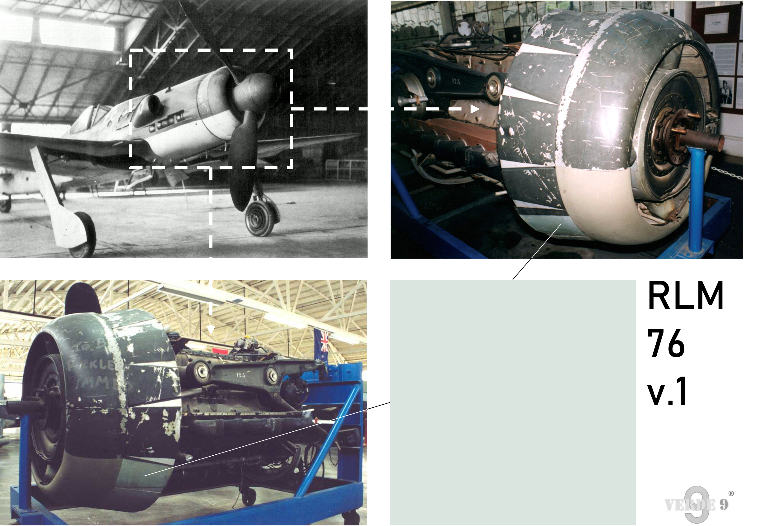 Qui è possibile notare la sfumatura azzurra presente sui pannelli del radiatore dello Junkers Jumo 213 appartenuto all'apparecchio W.Nr.150167.